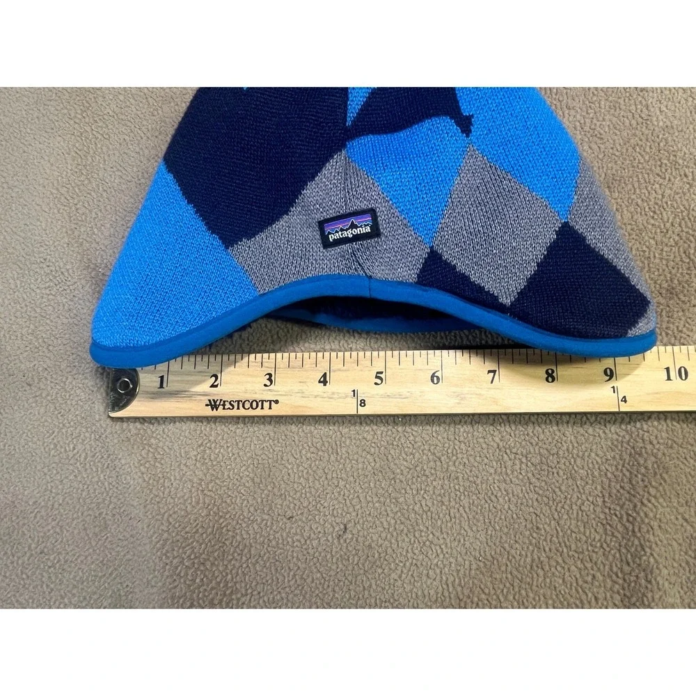 Patagonia‎ Kids Blue Geometric Knit Fleece Lined Earflap Beanie Hat